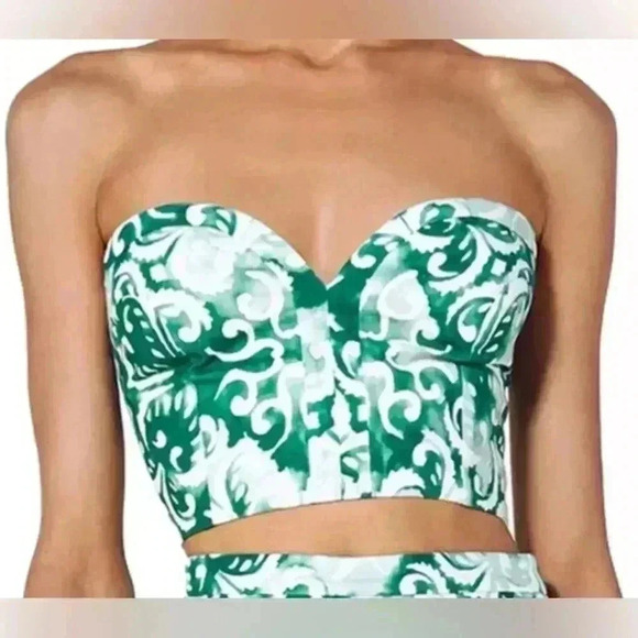 Alexis Isola Printed Bustier Small S Sage Cropped Top Strapless Sweetheart linen - Picture 1 of 9